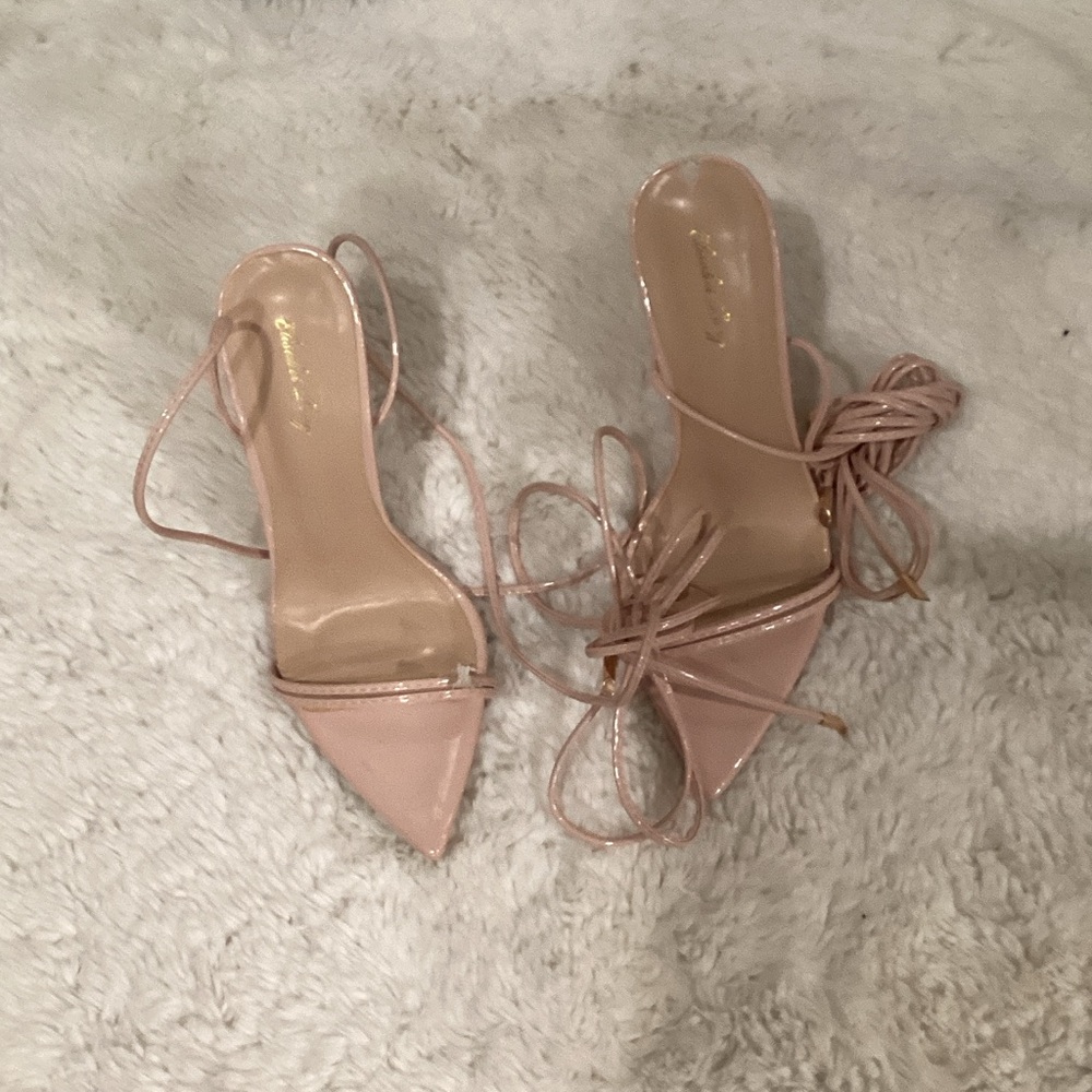 Strappy Pointed-Toe Lace-Up Heels in Blush Pink